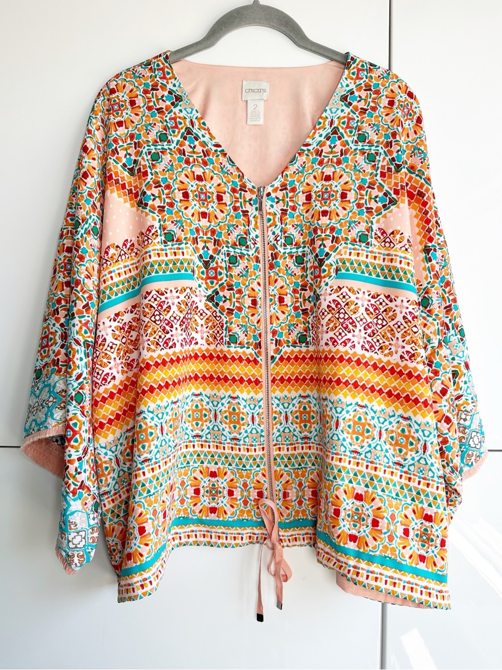 Chico’s Kimono Sleeve Zip up Jacket Shacket Orange Size 2 (Large) Boho Hippie